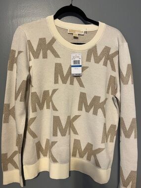 Michael Kors Cream Sweater with Tan MK Logo Jacquard